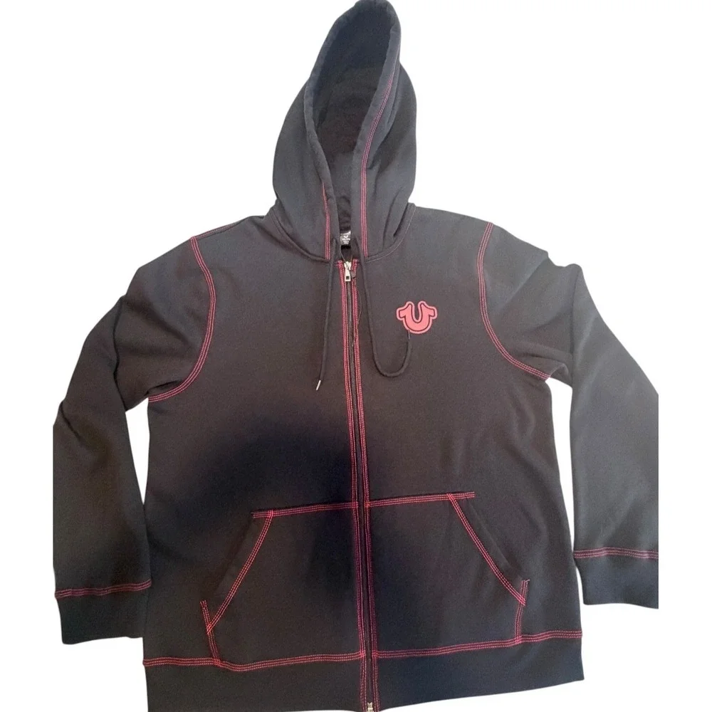 True Religion Full Zip Hoodie Mens XXL 2X Black Red Stitching Buddha Logo Y2K